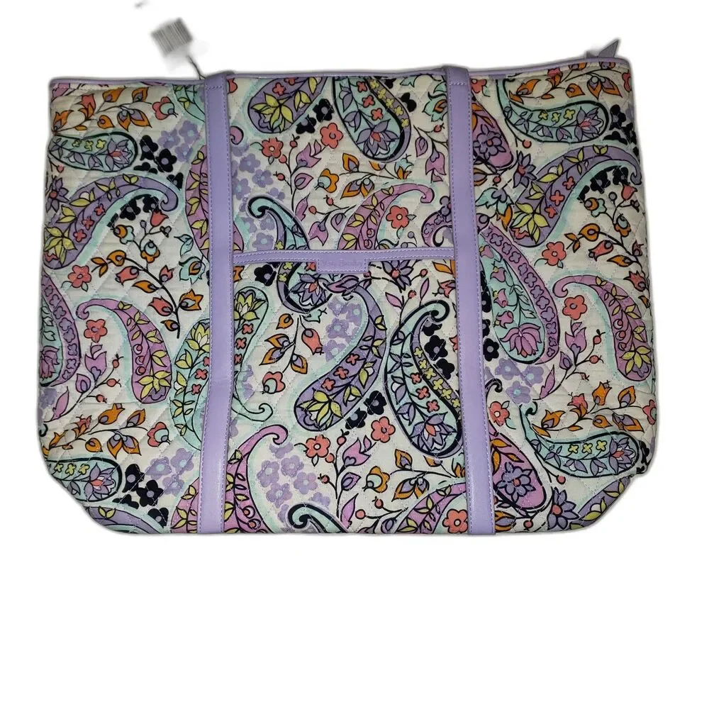 VERA BRADLEY Maddalena Paisley Soft Trimmed Vera Tote Bag White and Purple NEW